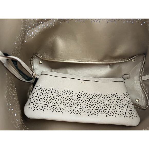Ralph Lauren Laser Cut Perforated Chantilly Classic Tote Bag & Clutch Ivory Read - Picture 9 of 16
